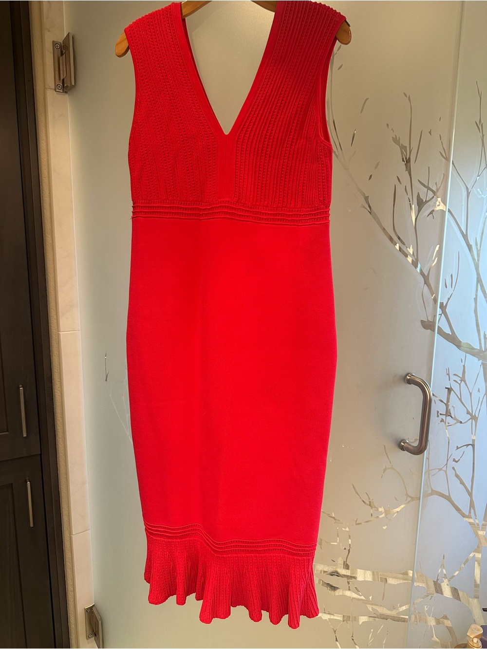Eva Mendes New York & Company Hot Pink Body Con Knit Midi Dress with Ruffle Hem